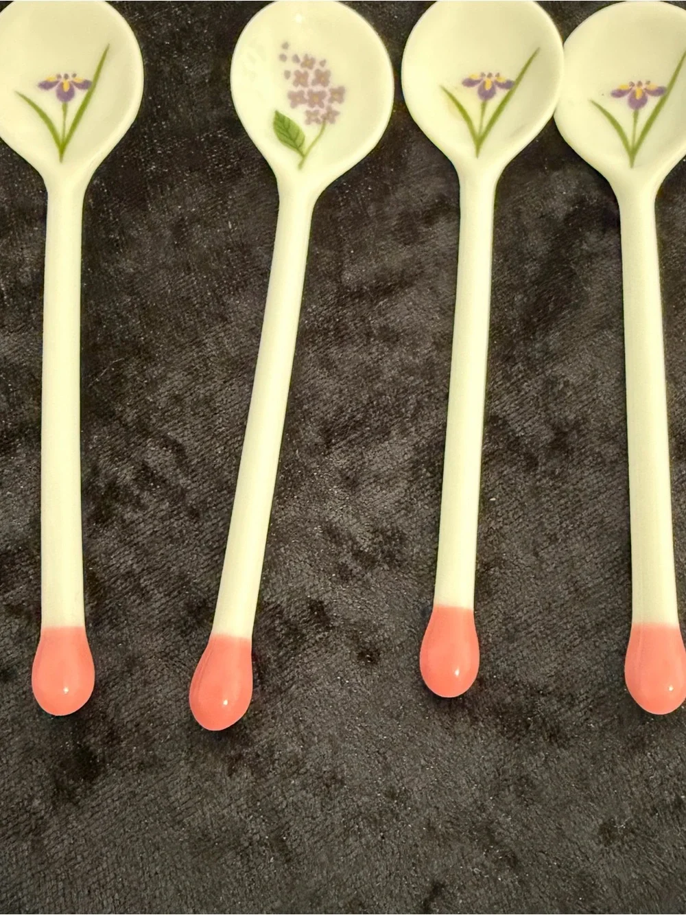 Set of 4 Floral Ceramic Teaspoons Pink Matchstick Handle Decorative Spoons